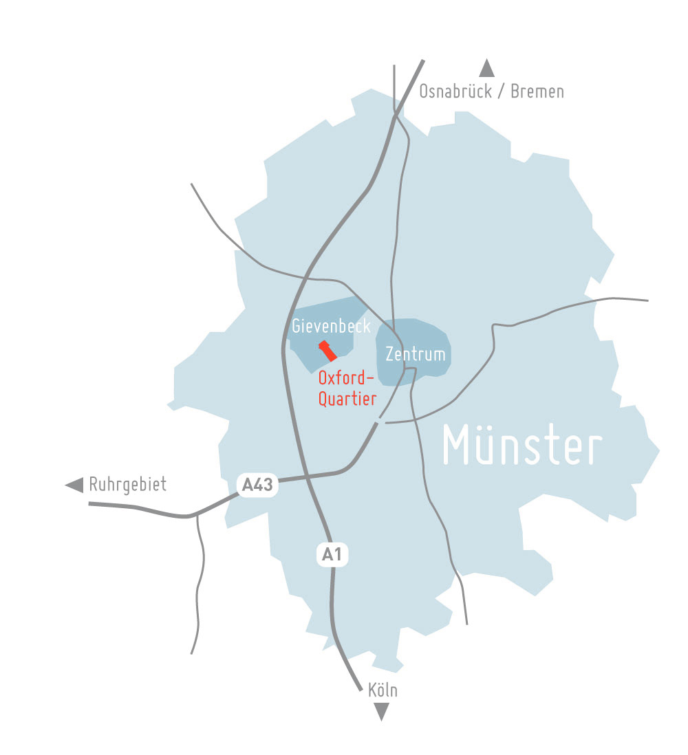 kleine karte des oxford quartiers in münster, es befindet sich östlich vom stadtkern im stadtteil gremmendorf
